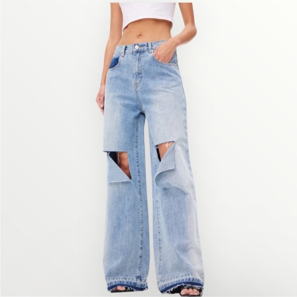 ANN ANDELMAN sz 27 Blue Wide Leg Ripped Knees High Waist Jeans Cotton NEW